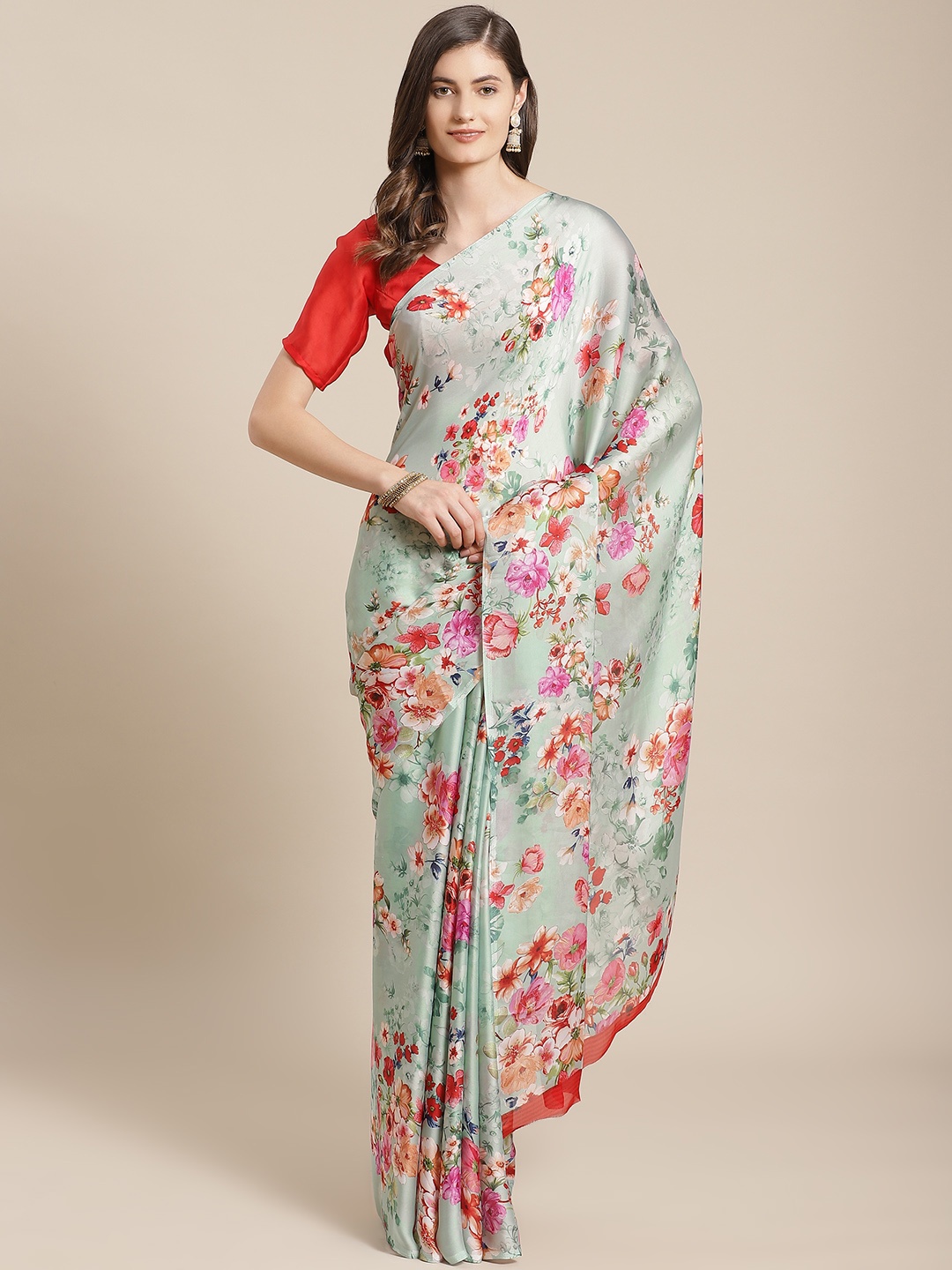

SHANGRILA Green & Red Digital Floral Print Bagru Saree