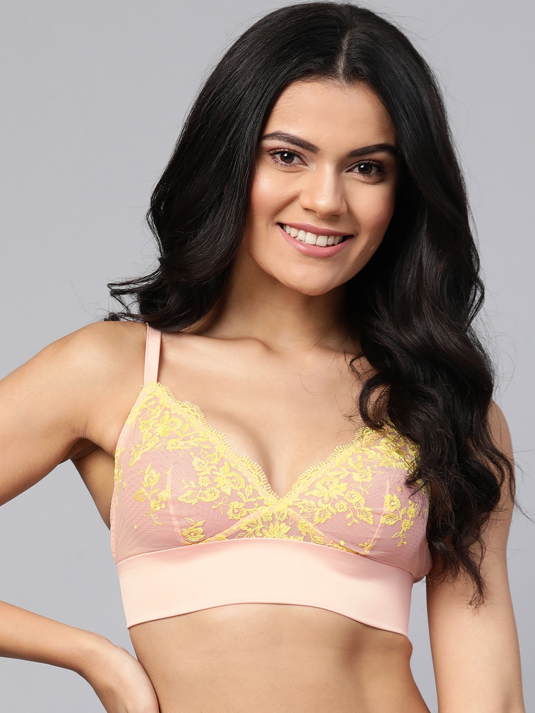 

Marks & Spencer Peach-Coloured & Yellow Lace Non-Wired Sheer Non Padded Bralette T817750B