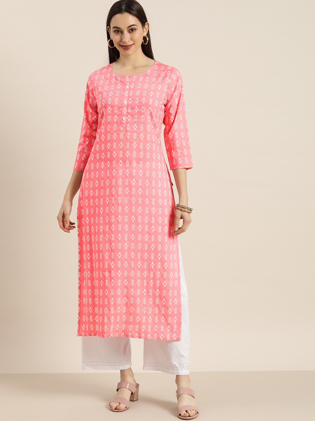 

KSUT Women Pink & White Ikat Printed Sequinned Kurta