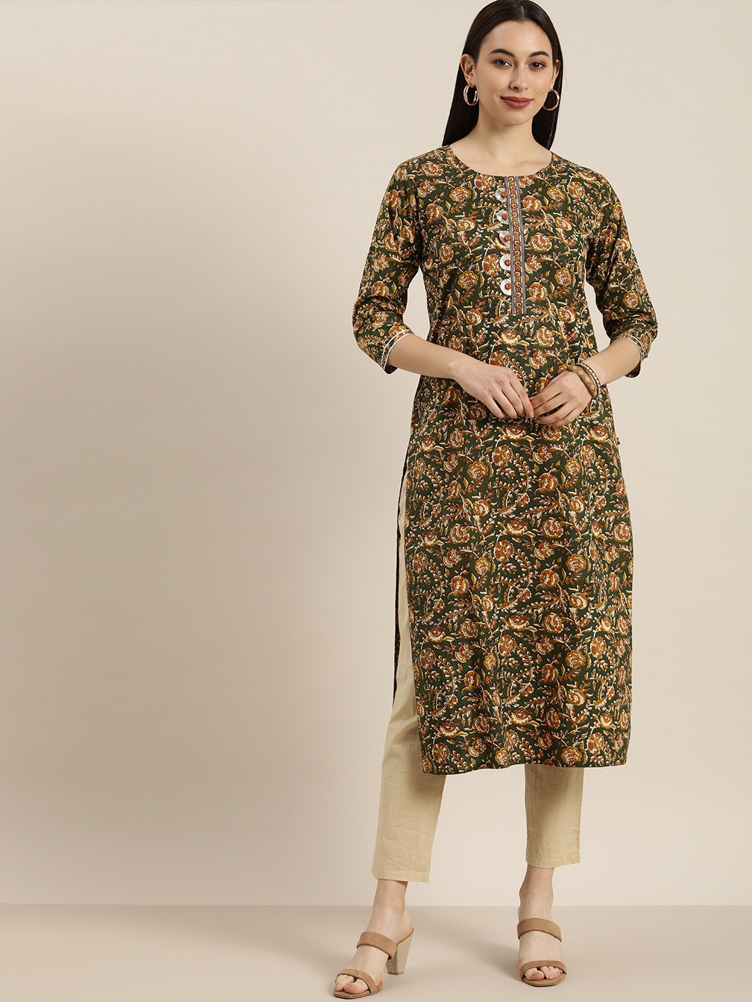 

KSUT Women Olive Green & Rust Brown Floral Printed Kurta