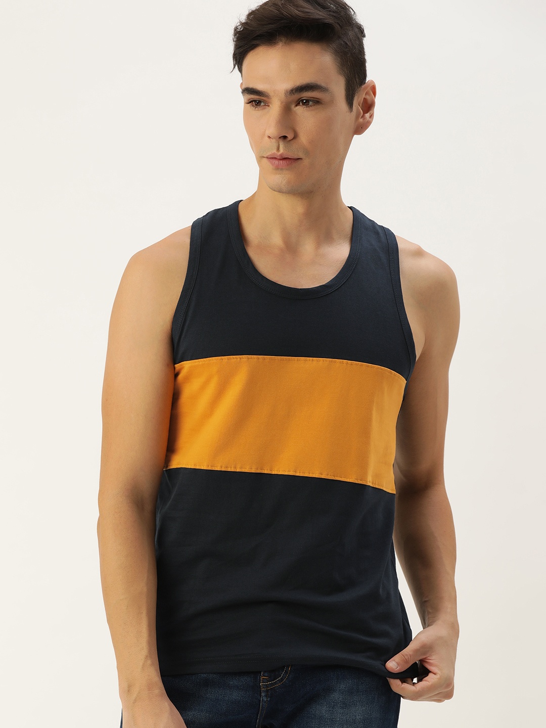 

DILLINGER Men Navy Blue Yellow Colourblocked Pure Cotton T-shirt