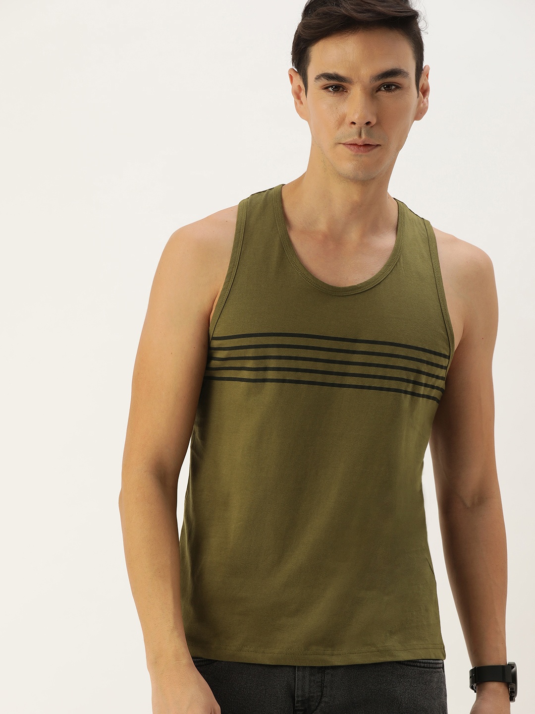 

DILLINGER Men Olive Green Striped T-shirt