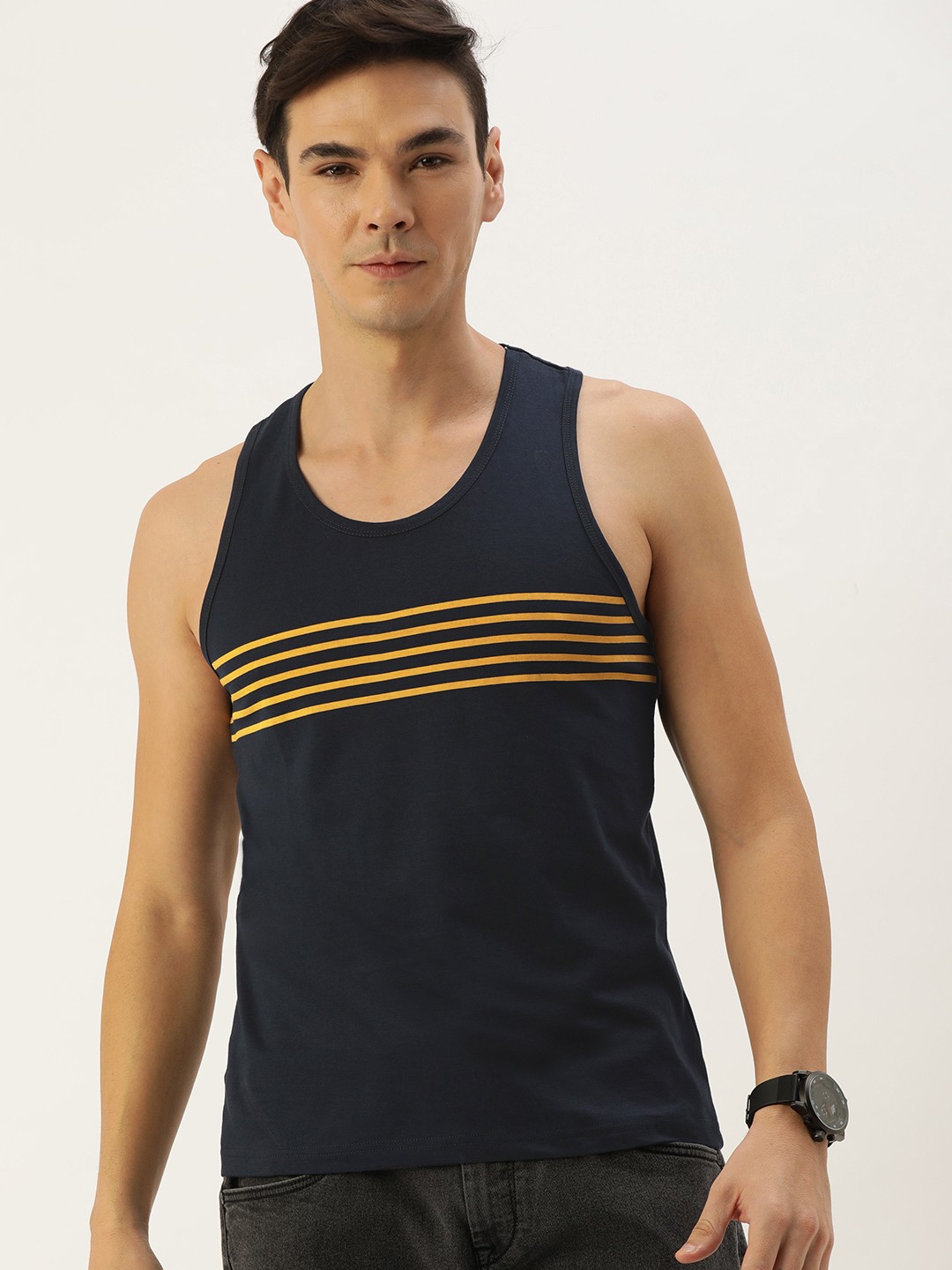 

DILLINGER Men Navy Blue & Mustard Yellow Striped T-shirt