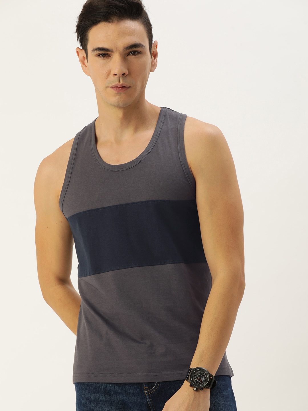 

DILLINGER Men Charcoal Grey Navy Blue Colourblocked Pure Cotton T-shirt