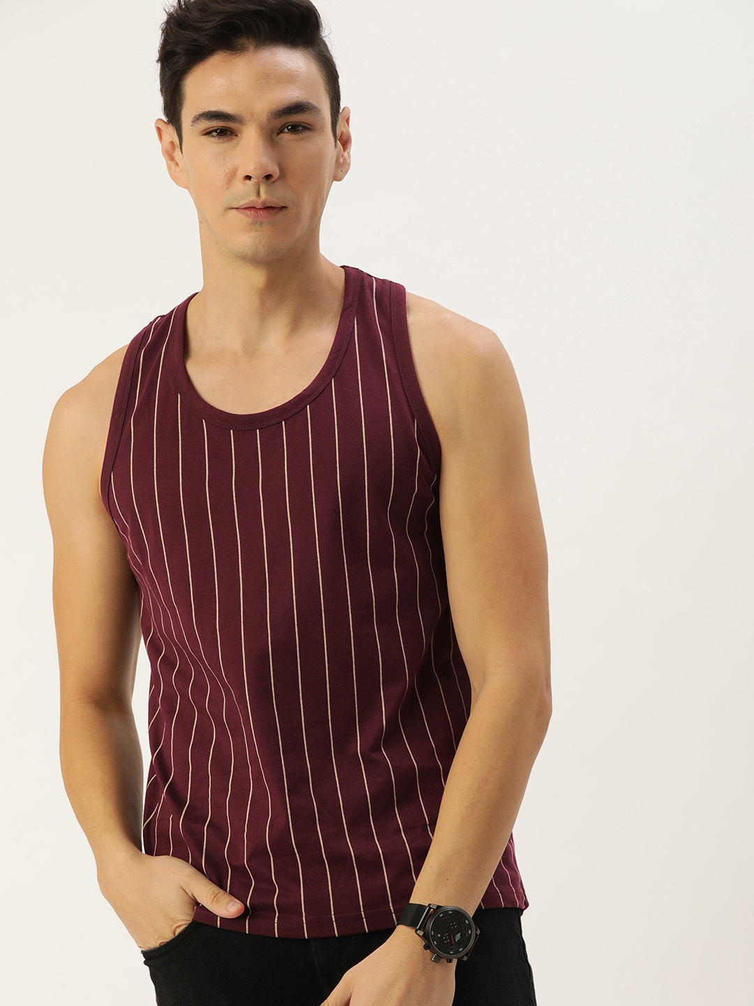 

DILLINGER Men Maroon White Striped Pure Cotton T-shirt