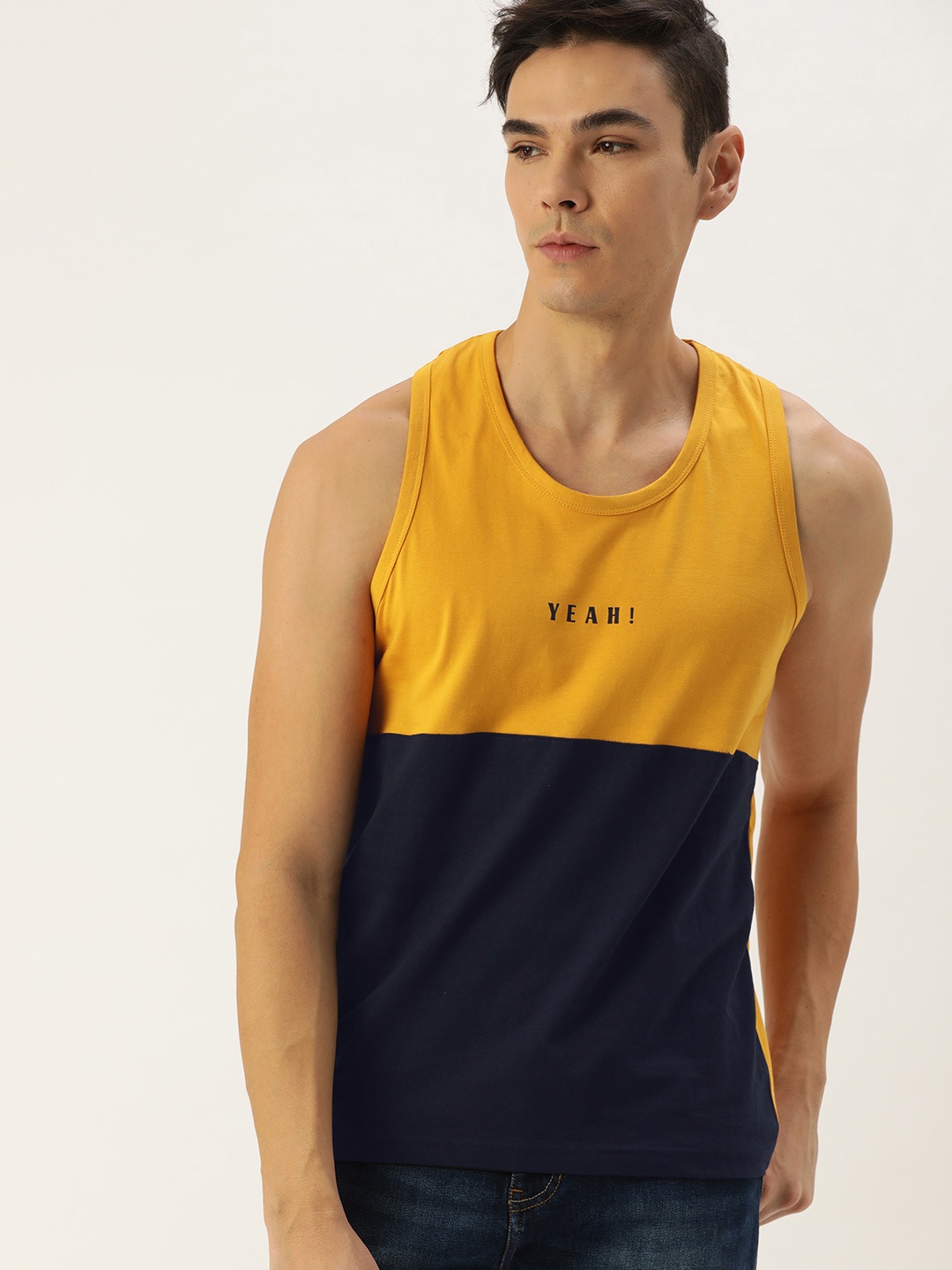 

DILLINGER Men Mustard Yellow Navy Blue Colourblocked Pure Cotton T-shirt
