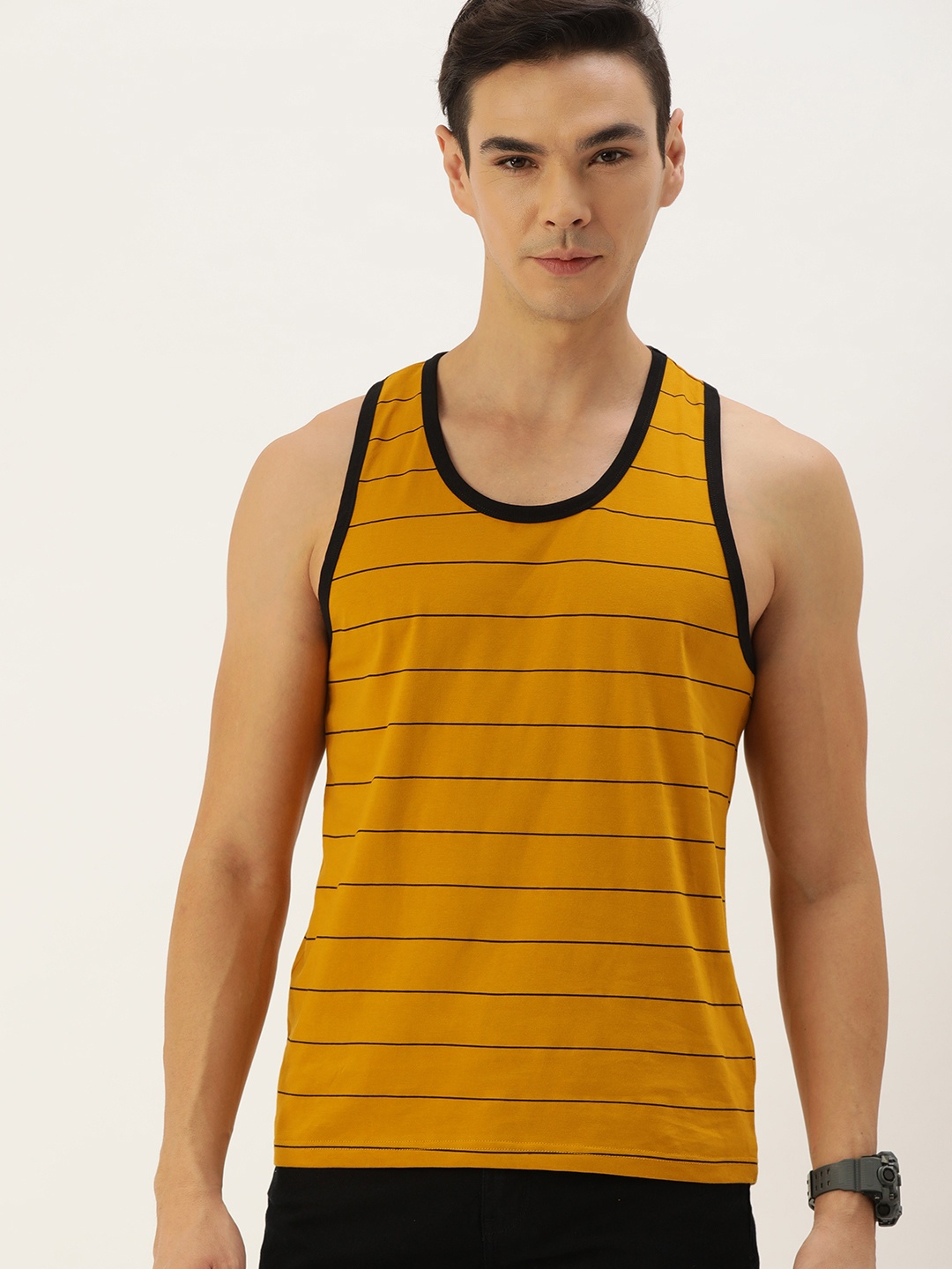 

DILLINGER Men Mustard Yellow & Black Striped T-shirt