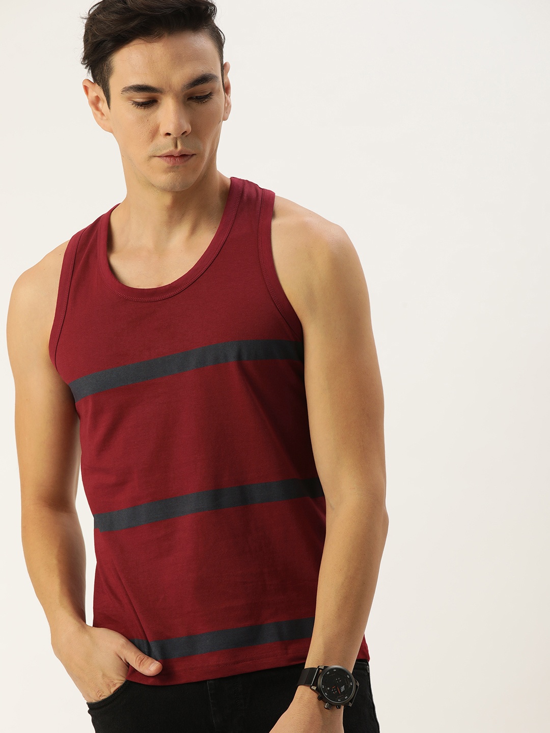 

DILLINGER Men Maroon Navy Blue Striped Pure Cotton T-shirt