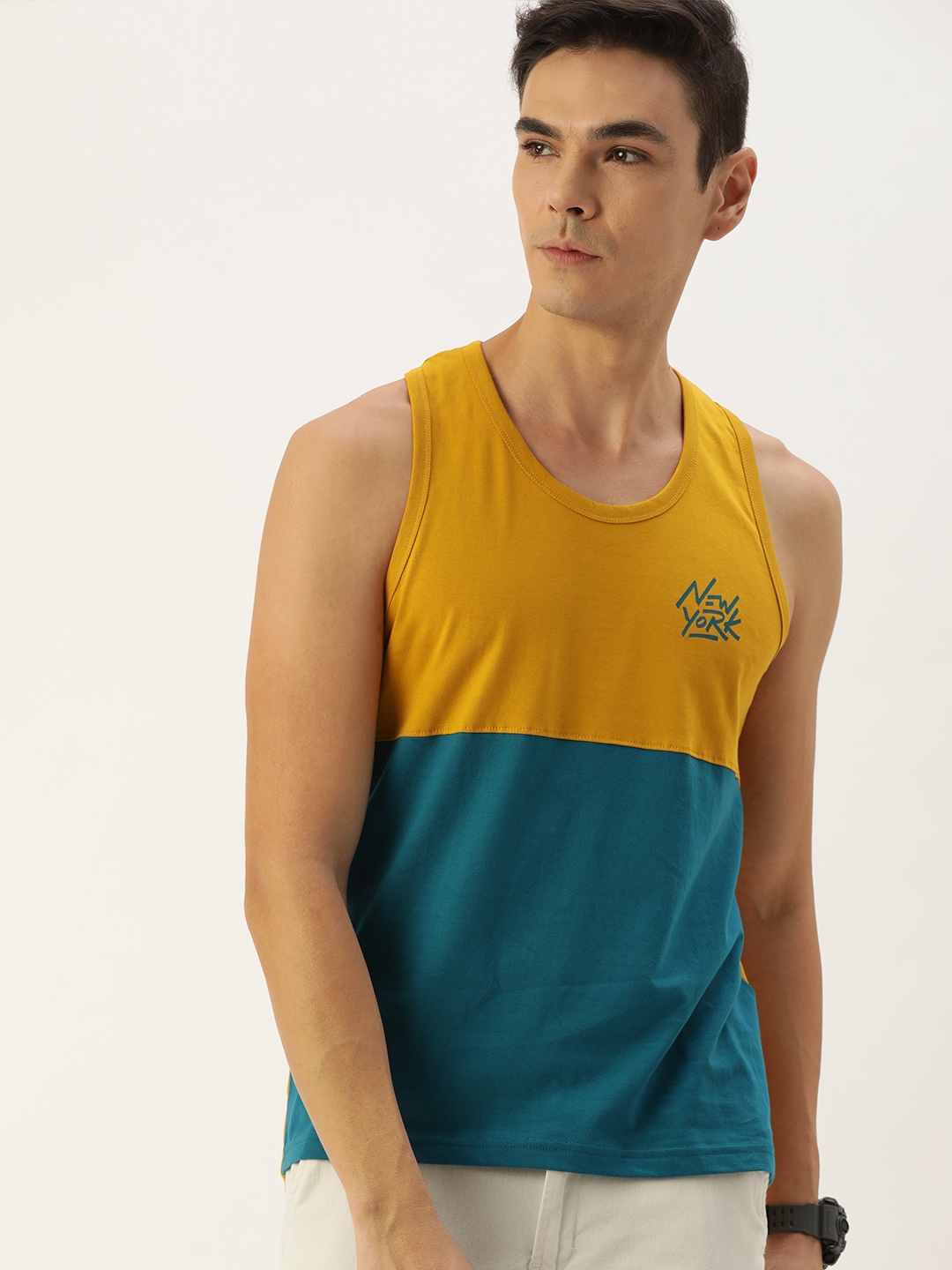 

DILLINGER Men Mustard Yellow & Teal Blue Colourblocked T-shirt