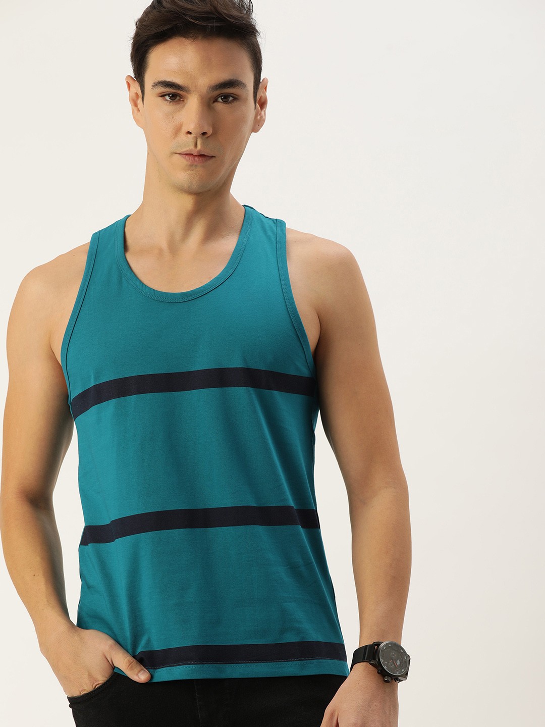 

DILLINGER Men Teal Blue Striped Pure Cotton T-shirt