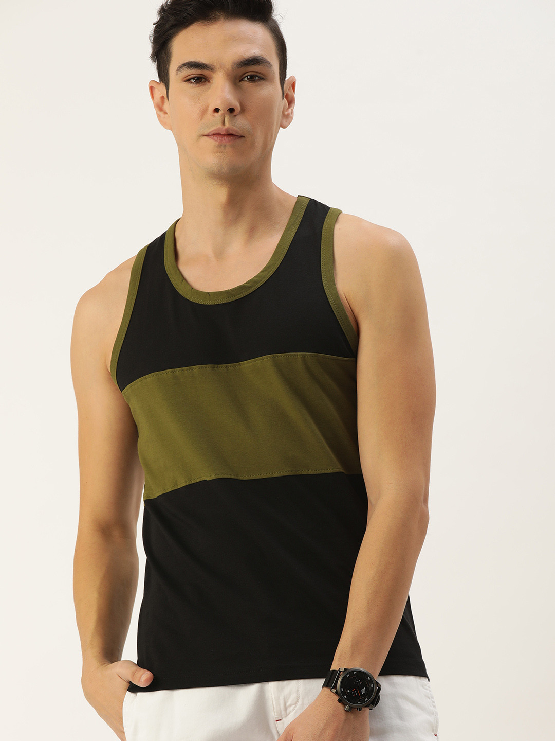 

DILLINGER Men Black Olive Green Colourblocked Pure Cotton T-shirt