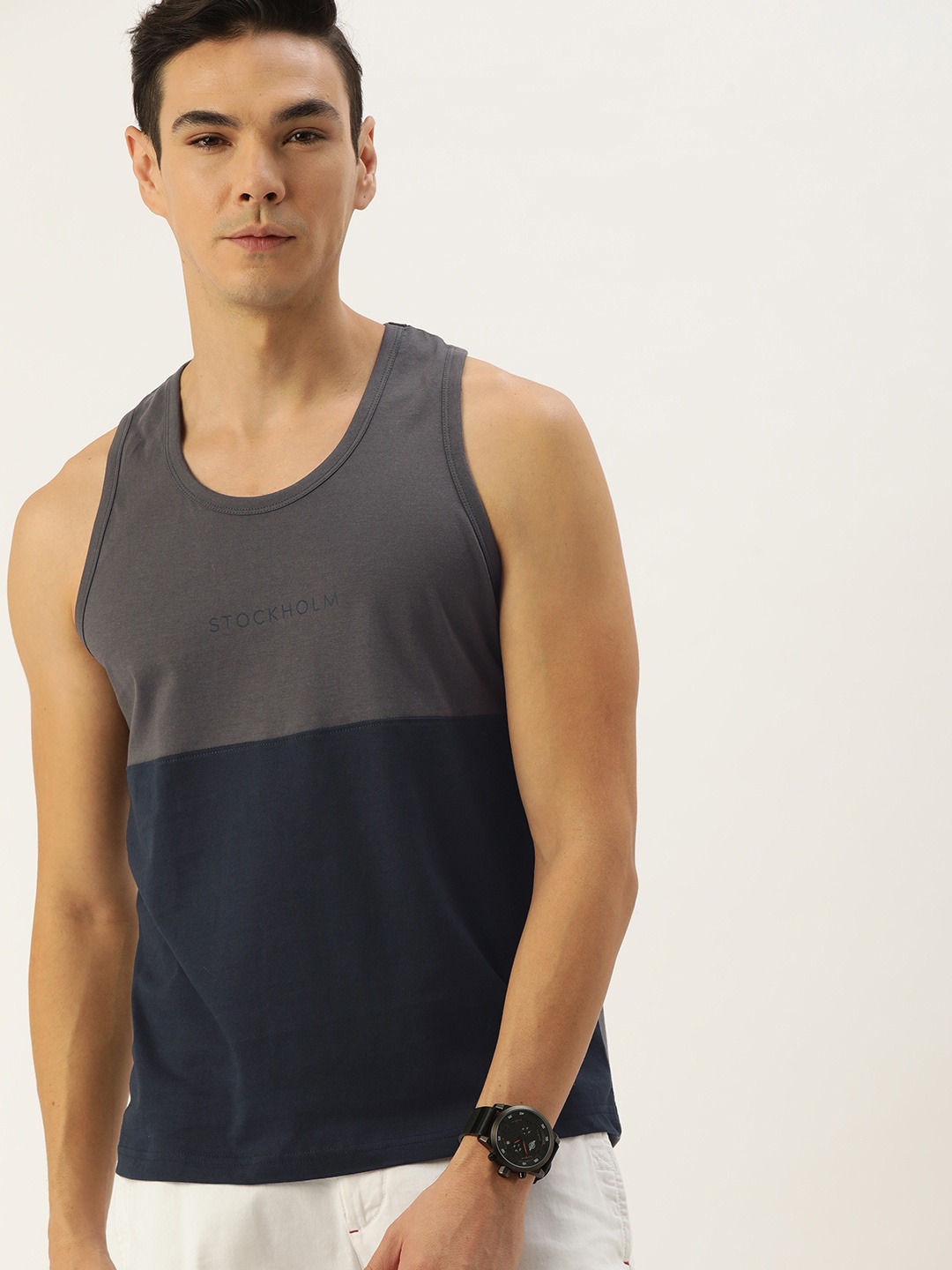 

DILLINGER Men Charcoal Grey Navy Blue Colourblocked Pure Cotton T-shirt