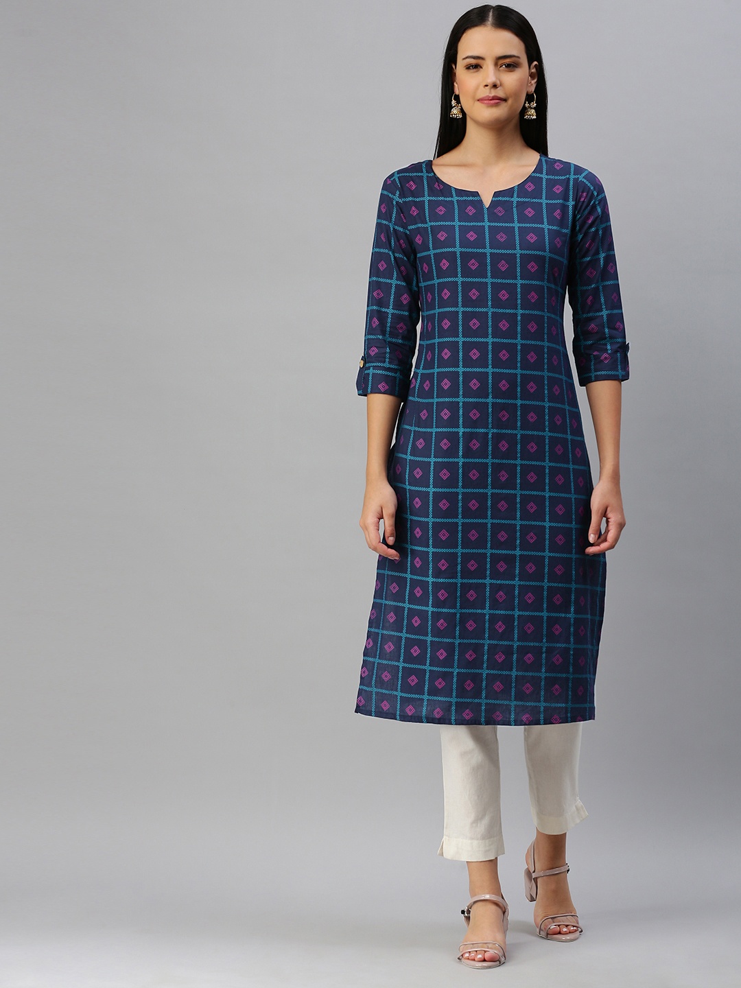 

Blissta Women Navy Blue & Blue Checked Block Print Kurta