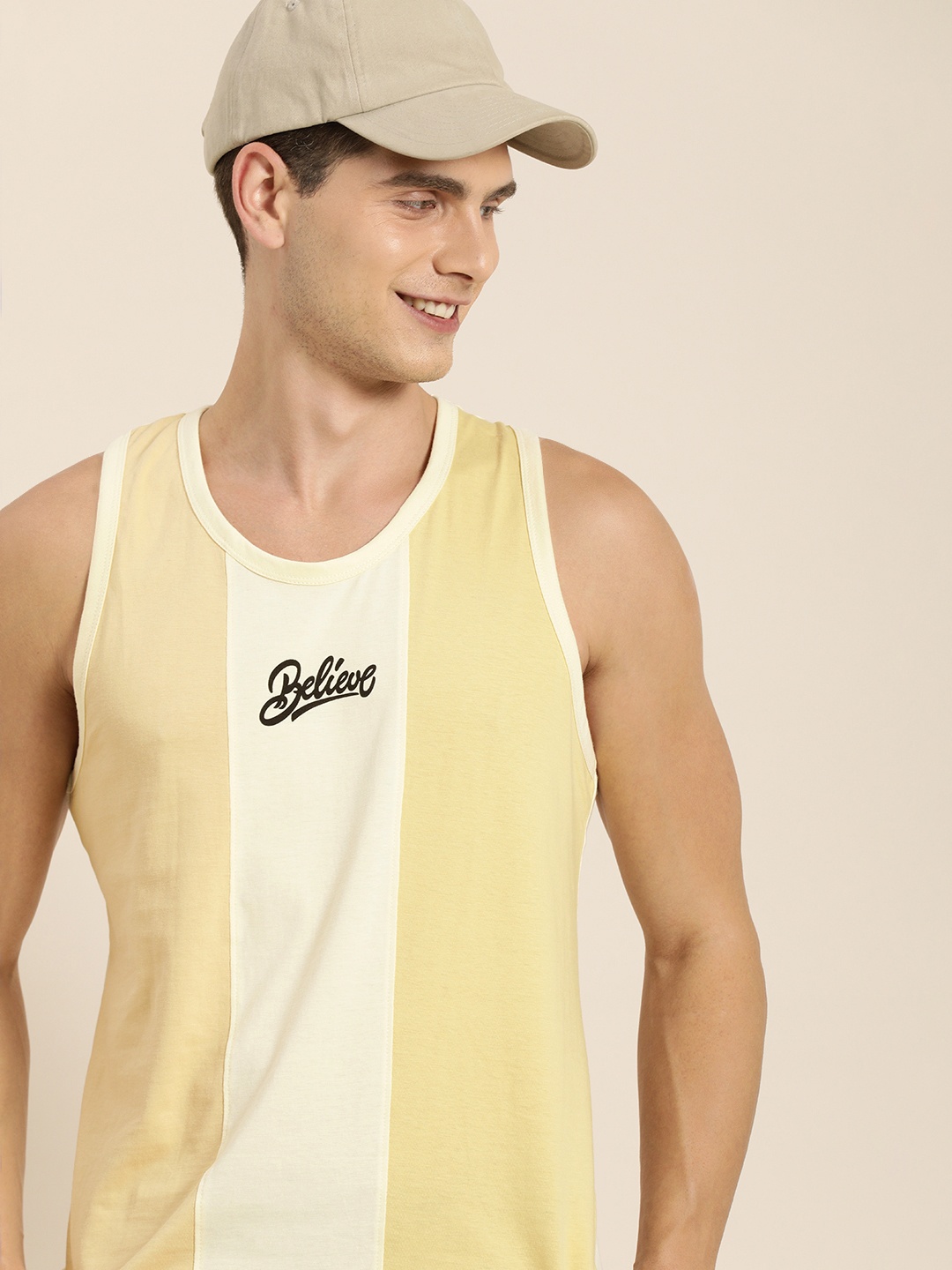 

Difference of Opinion Men Beige Yellow Colourblocked Pure Cotton T-shirt