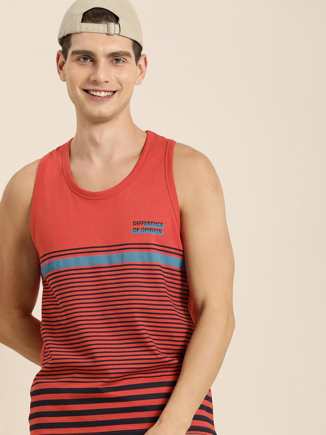 

Difference of Opinion Men Red Striped Pure Cotton T-shirt