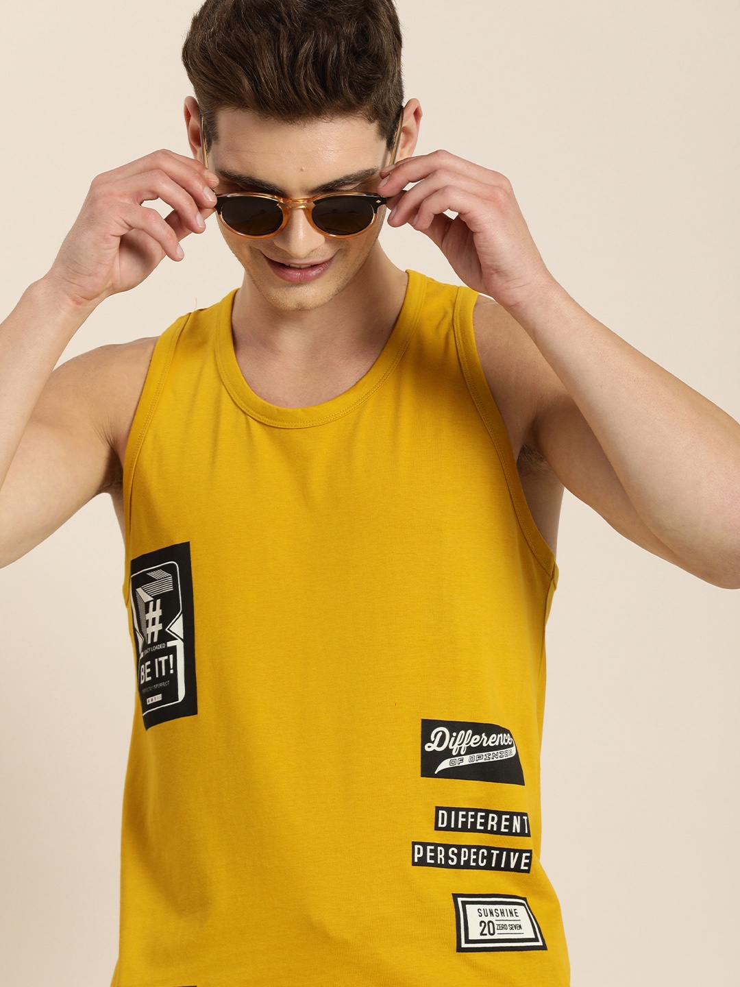 

Difference of Opinion Men Mustard Yellow Printed Pure Cotton T-shirt
