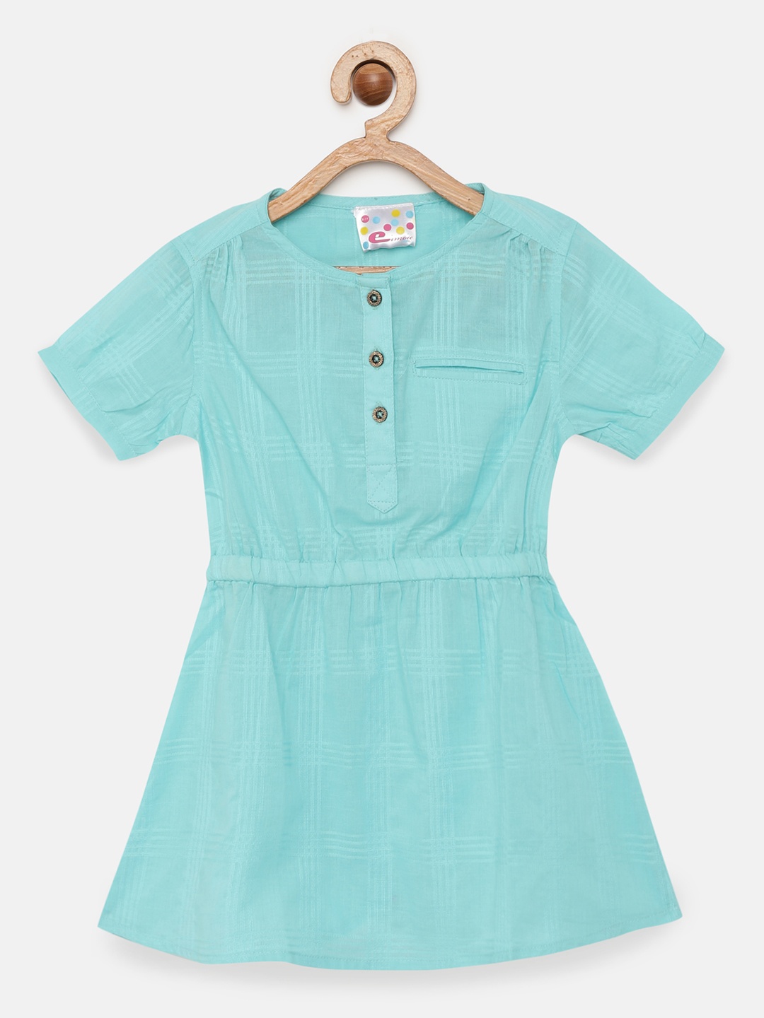 

Eimoie Girls Turquoise Blue Self-Checked Pure Cotton Fit and Flare Dress