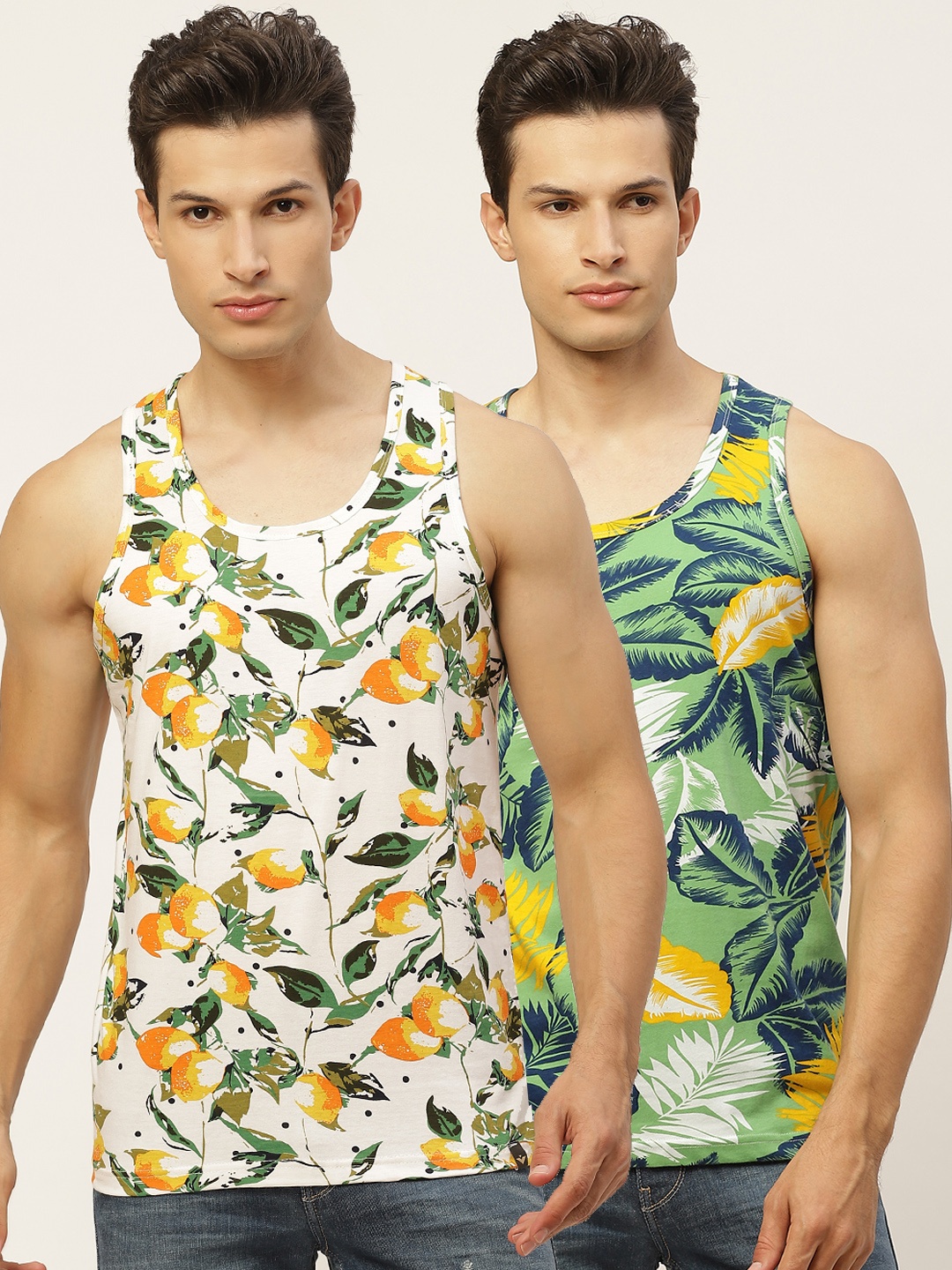 

VEIRDO Men Pack Of Two Pure Cotton Printed Round Neck T-shirt, White