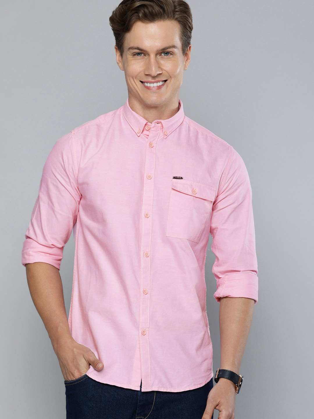 

The Indian Garage Co Men Pink Slim Fit Solid Pure Cotton Casual Shirt