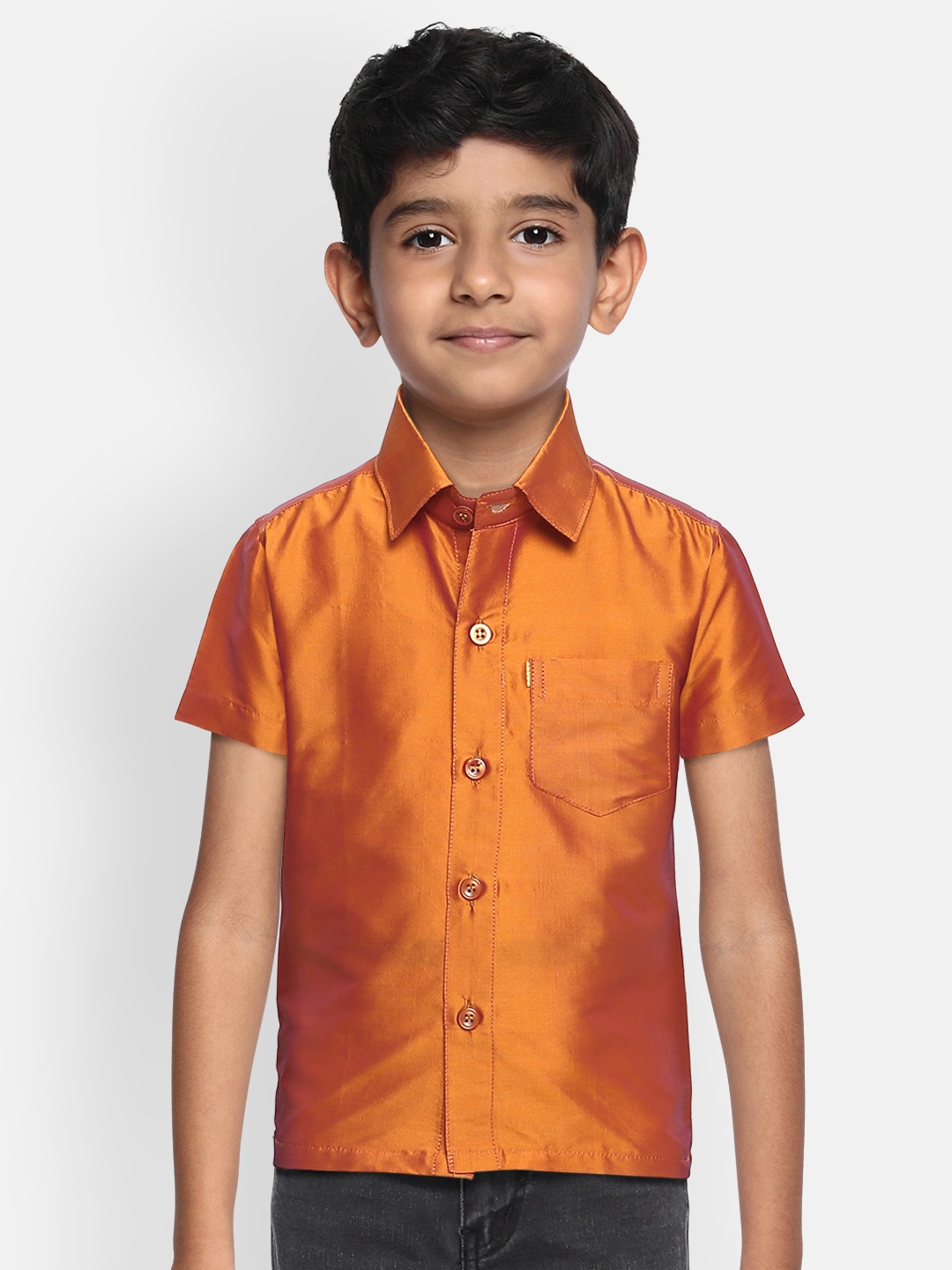 

THANGAMAGAN Boys Orange Regular Fit Solid Ethnic Silk Shirt