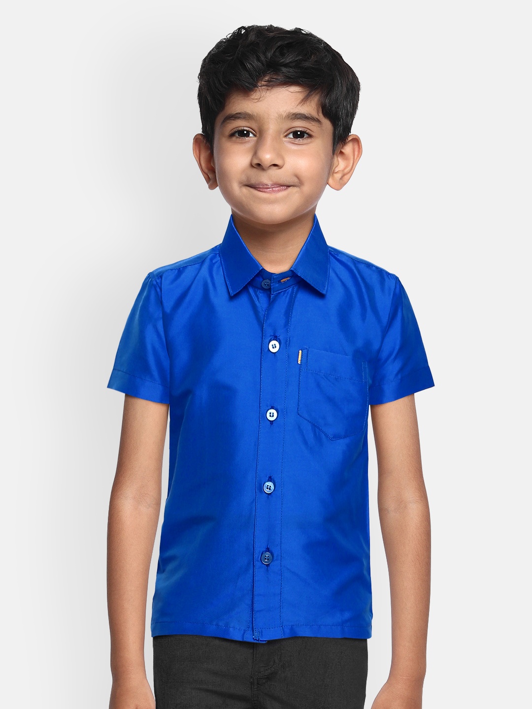 

THANGAMAGAN Boys Blue Regular Fit Solid Ethnic Silk Shirt