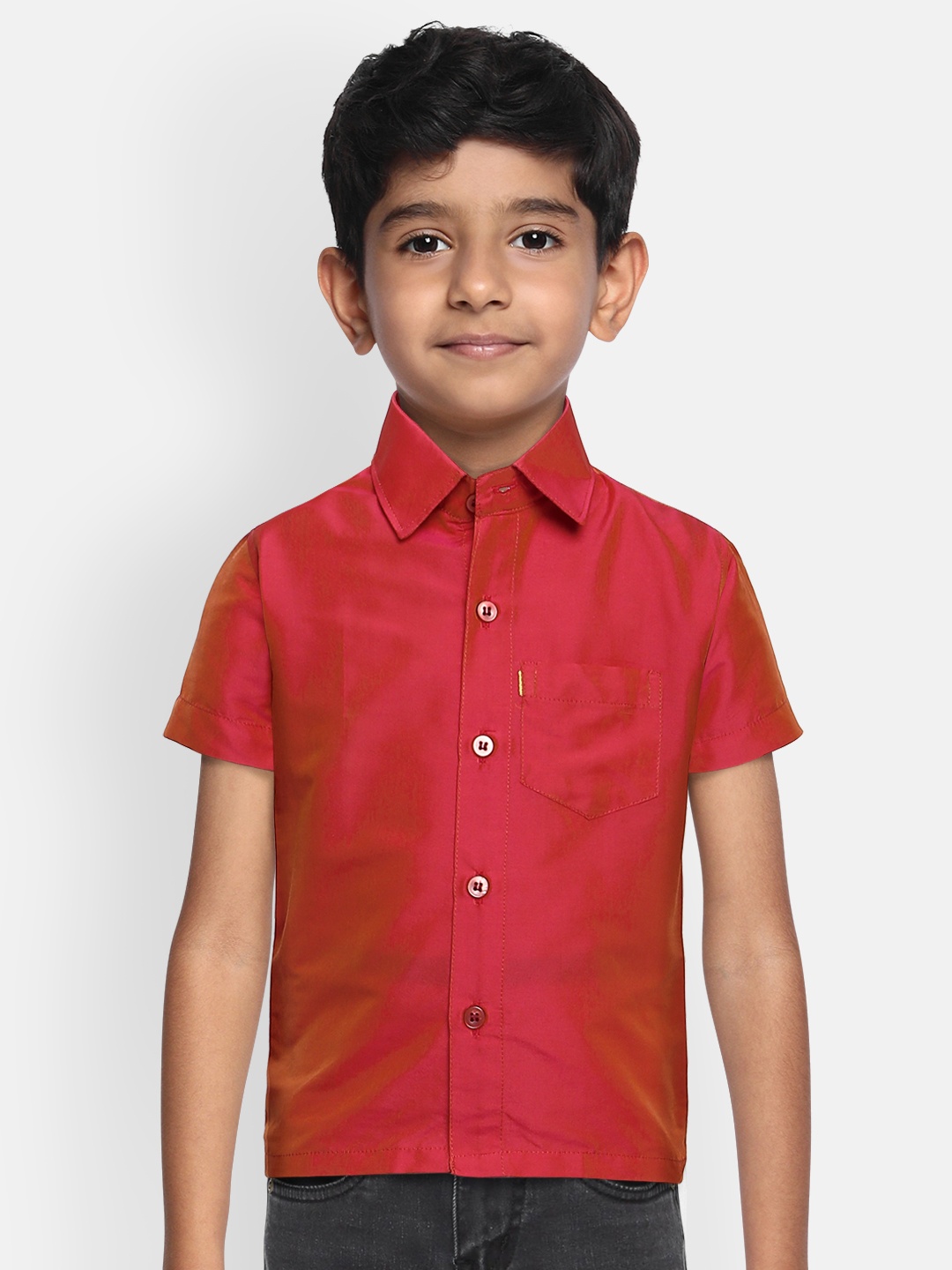 

THANGAMAGAN Boys Magenta Regular Fit Solid Ethnic Silk Shirt