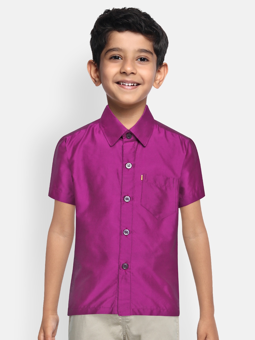 

THANGAMAGAN Boys Magenta Regular Fit Solid Ethnic Silk Shirt