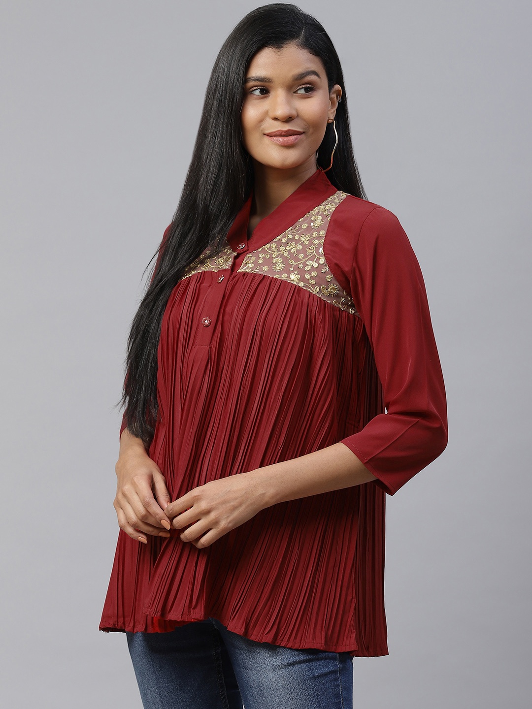 

Cottinfab Women Maroon Mandarin Collar Pleated Regular Top