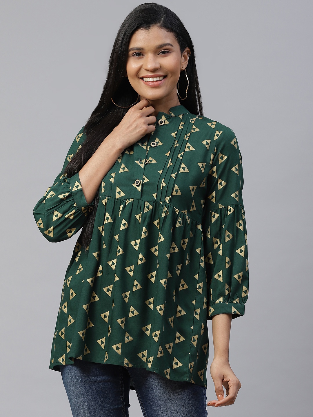 

Cottinfab Green & Golden Geometric Printed Mandarin Collar A-Line Top