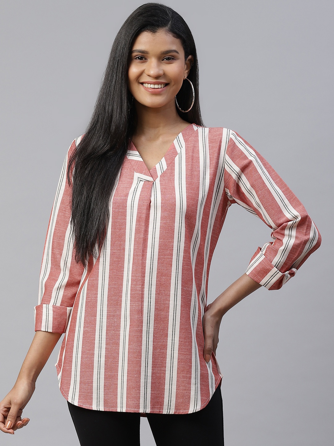 

Cottinfab Pink & Off White Striped V-Neck Regular Top