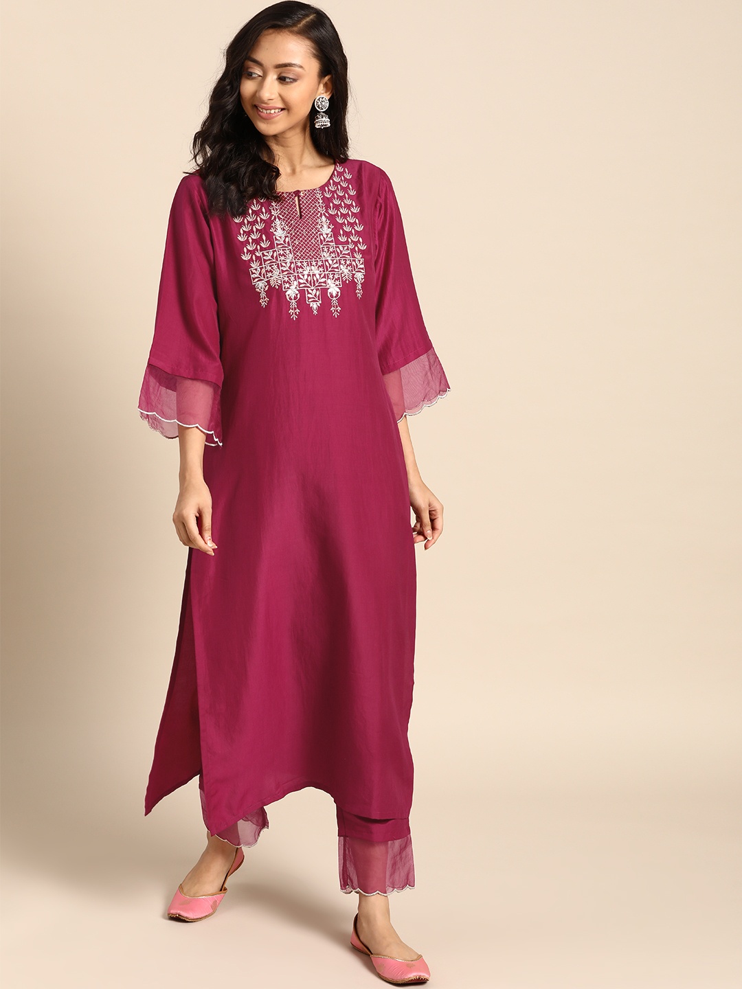 

Varanga Women Magenta & Golden Yoke Design Kurta with Trousers