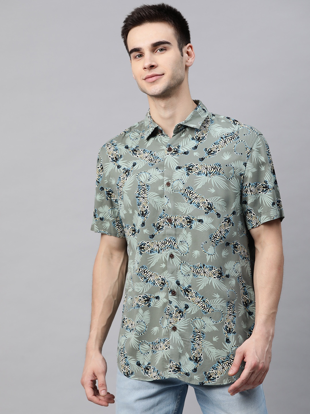 

Marks & Spencer Men Green & Black Regular Fit Tropical Print Casual Shirt
