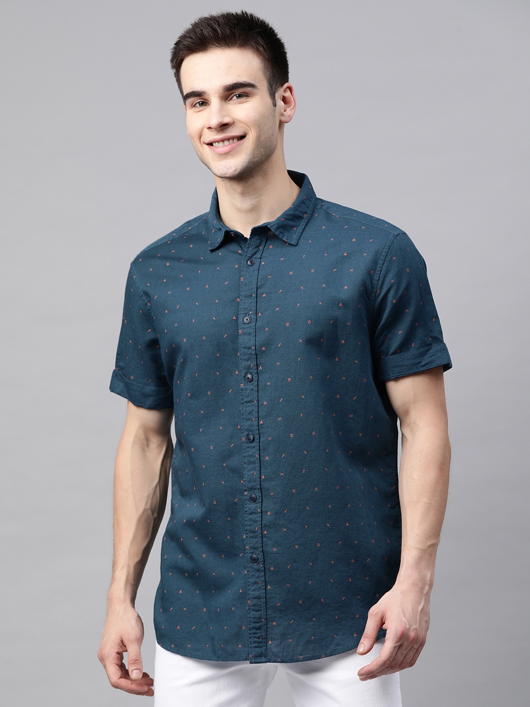 

Marks & Spencer Men Navy Blue & Coral Relaxed Fit Printed Casual Shirt