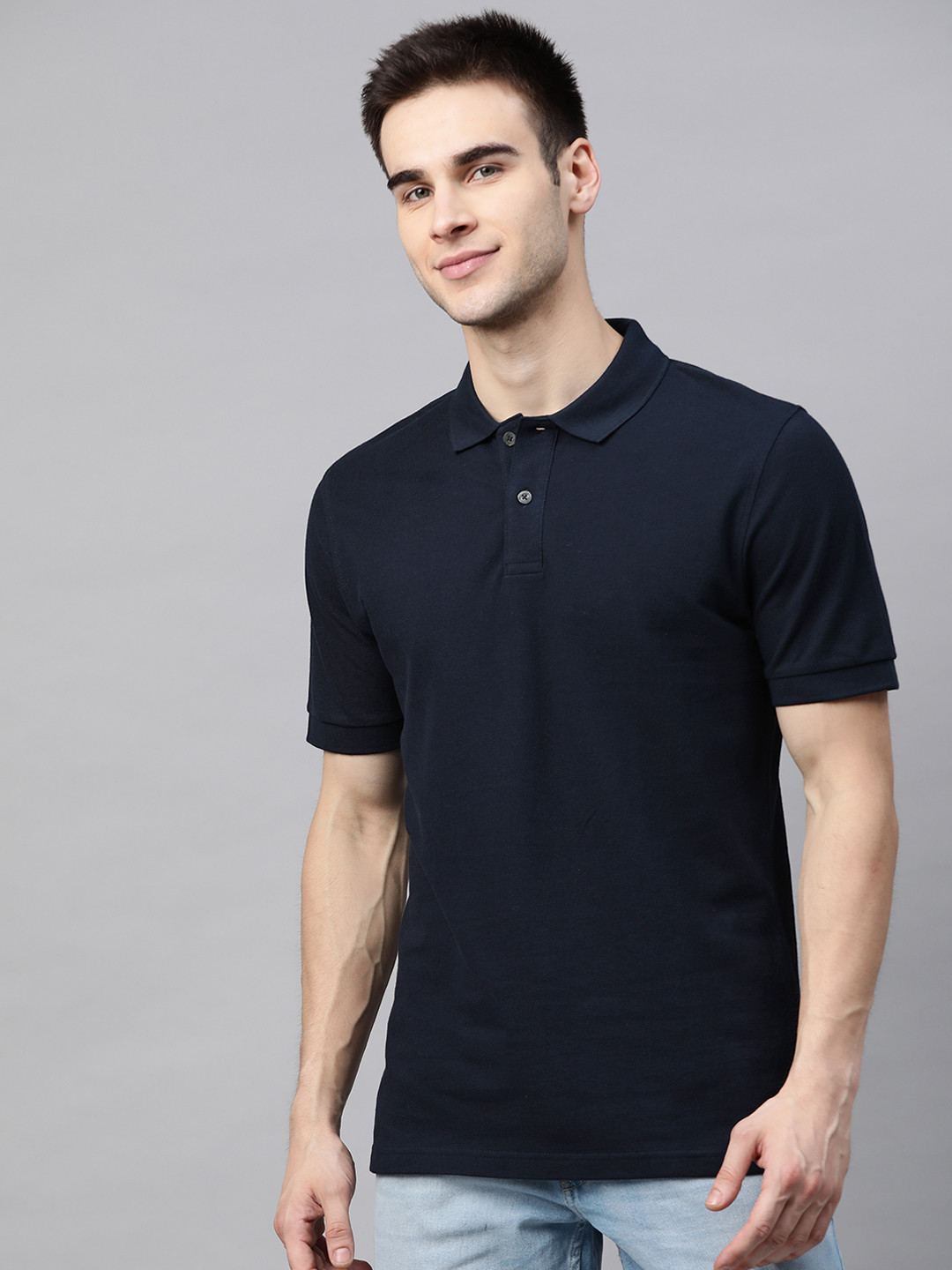 

Marks & Spencer Men Navy Blue Slim Fit Pure Cotton Solid Polo Collar T-shirt