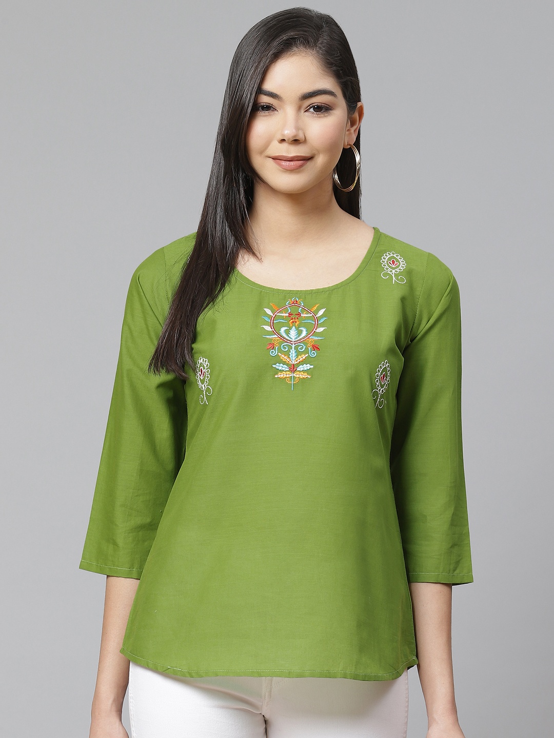 

Ives Women Green Pure Cotton Regular Top