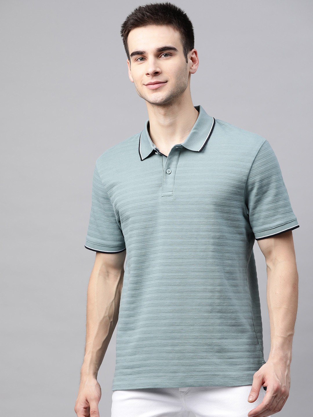 

Marks Spencer Men Green Self-Striped Pure Cotton Polo Collar Pure Cotton T-shirt