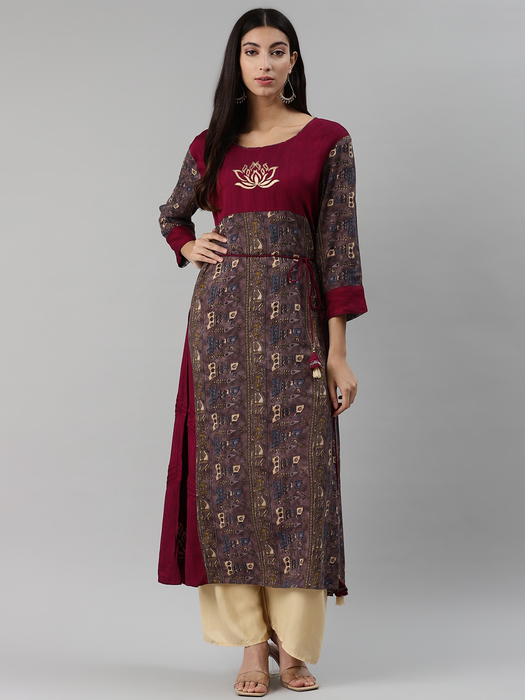 

aayusika Women Magenta & Grey Ethnic Motifs Block Print A-Line Kurta