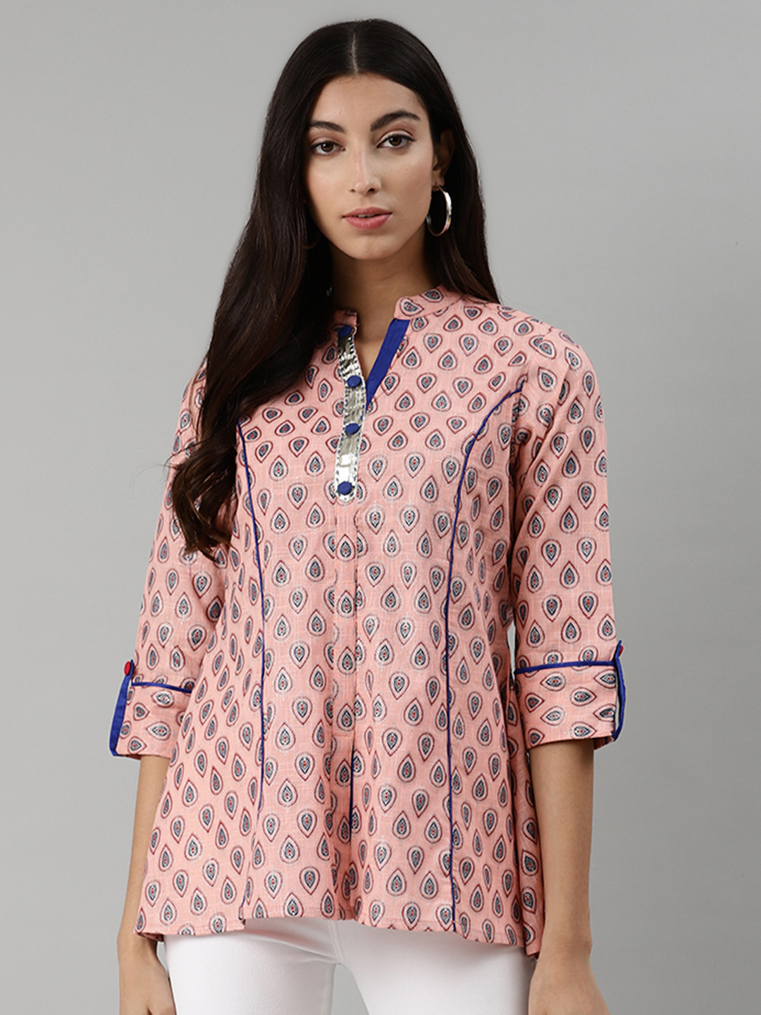 

aayusika Pink & Blue Printed Mandarin Collar Roll-Up Sleeves A-Line Top