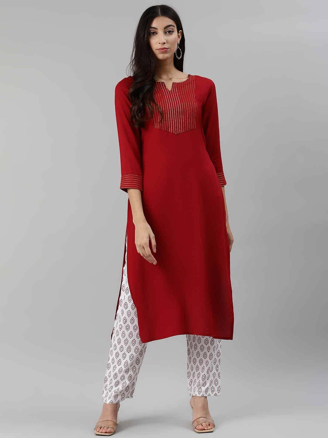

aayusika Women Maroon & White Yoke Design Kurta with Palazzos