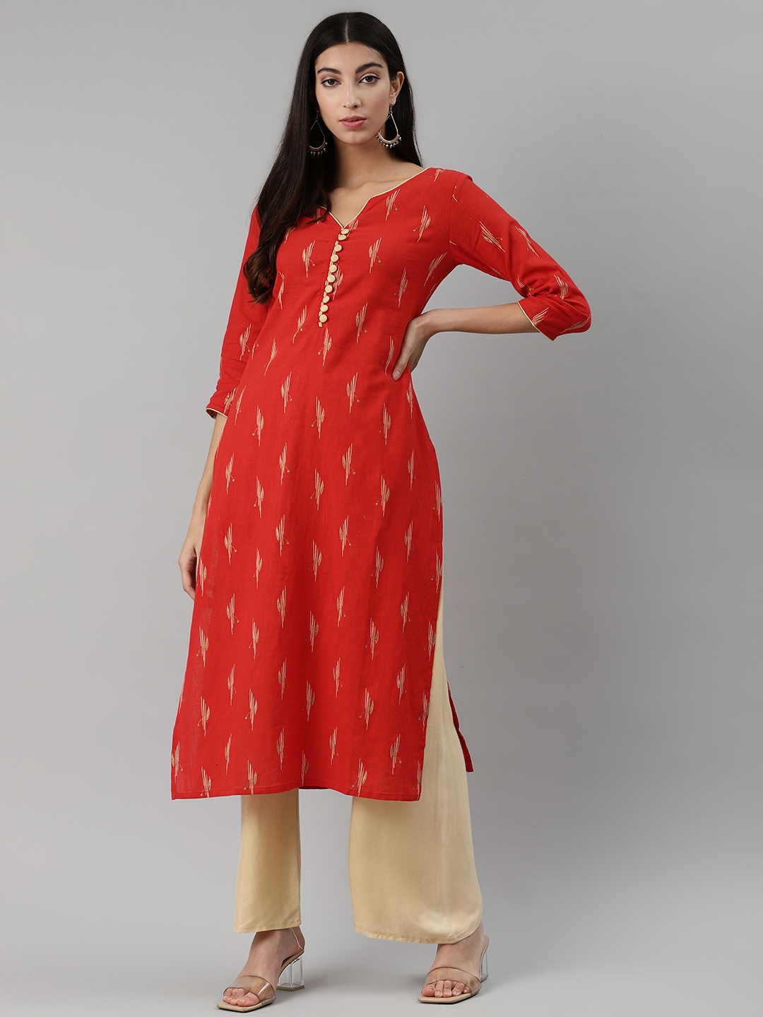 

aayusika Women Red & Beige Pure Cotton Ethnic Motifs Printed Kurta