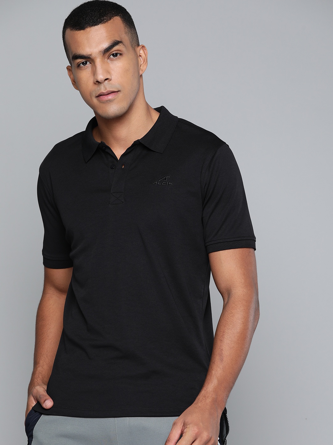 

Alcis Men Black Solid Polo Collar T-shirt