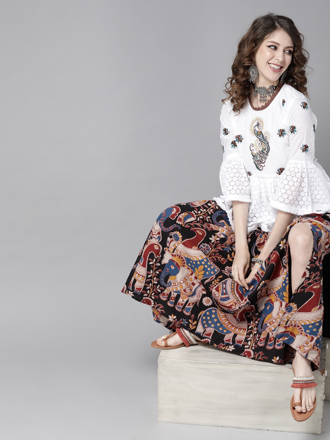 

Ishin White & Brown Pure Cotton Embroidered Bell Sleeves Peplum Top