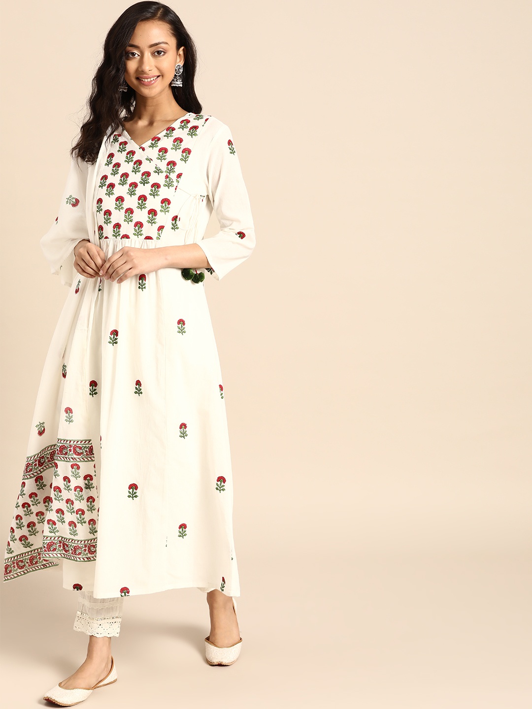

Varanga Women White & Maroon Ethnic Motifs Printed Pure Cotton Angrakha Kurta With Dupatta