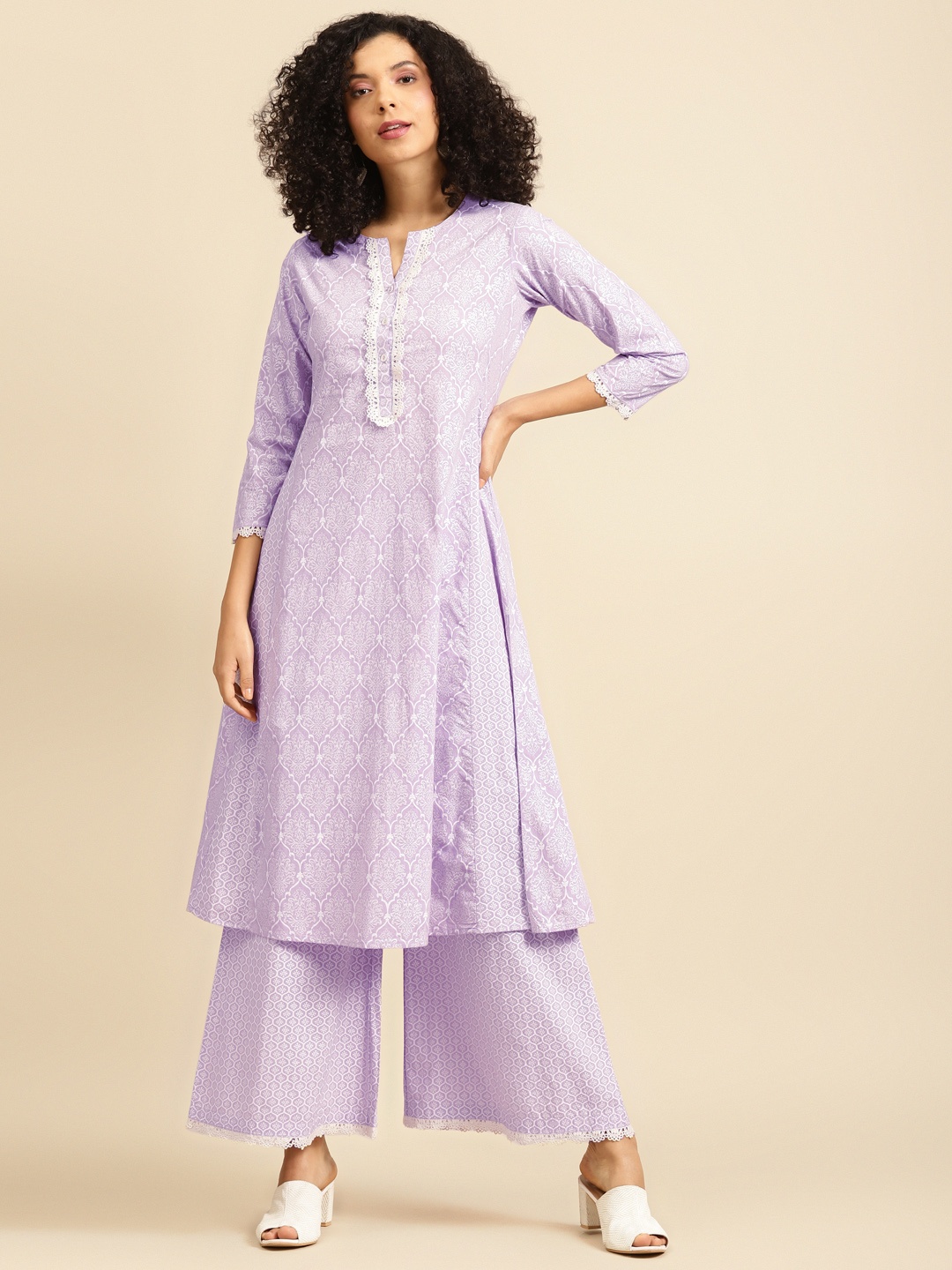 anayna Women Lavender & White Printed Kurta with Palazzos
