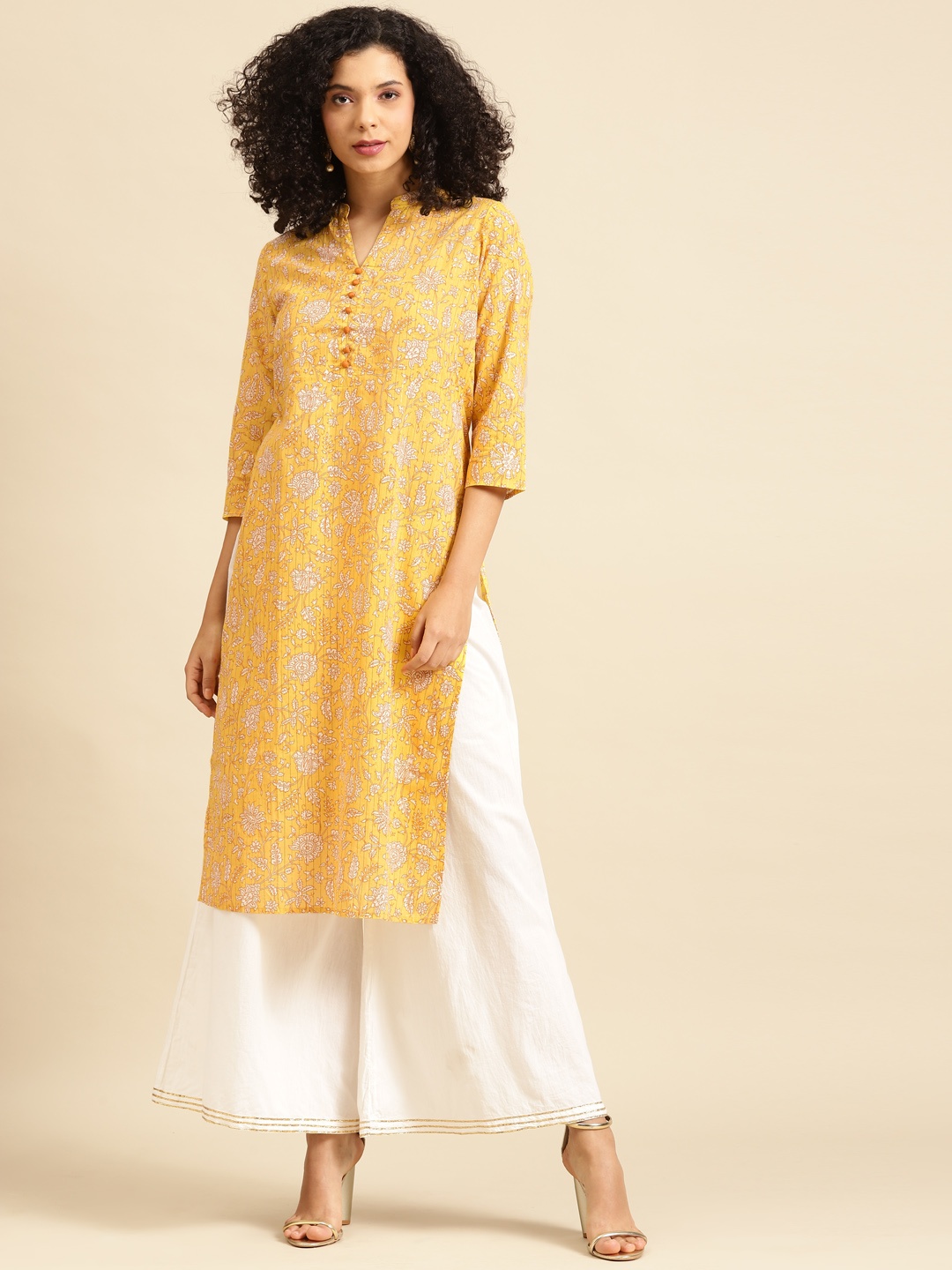 

anayna Women Yellow & White Ethnic Motifs Printed Kurta