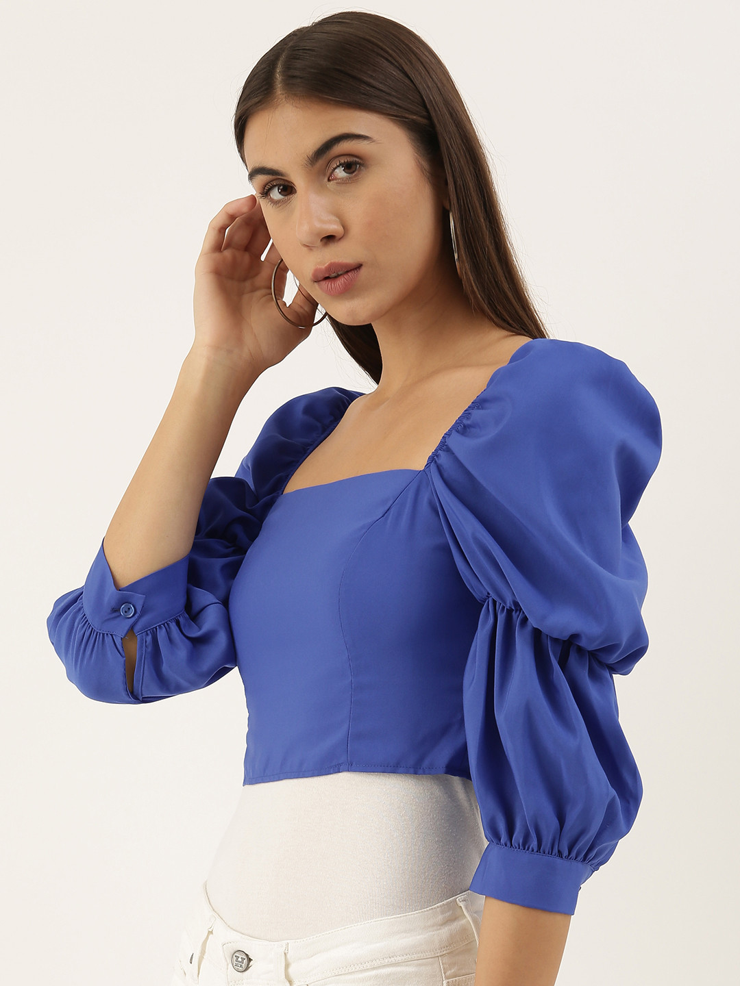 

Trendyol Blue Puff Sleeves Pure Cotton Regular Top