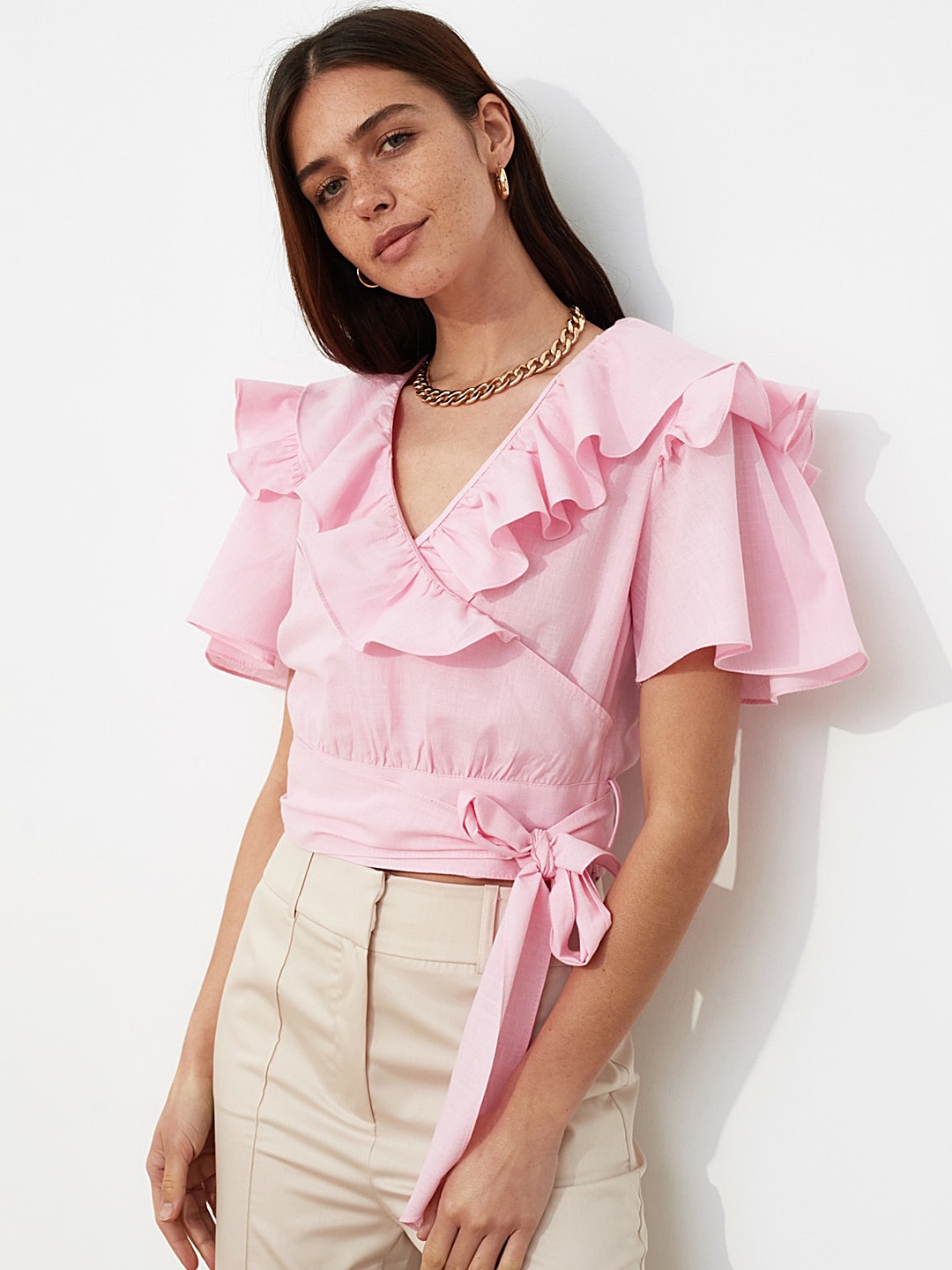 

Trendyol Pink Solid Ruffled Flutter Sleeves Pure Cotton Wrap Top