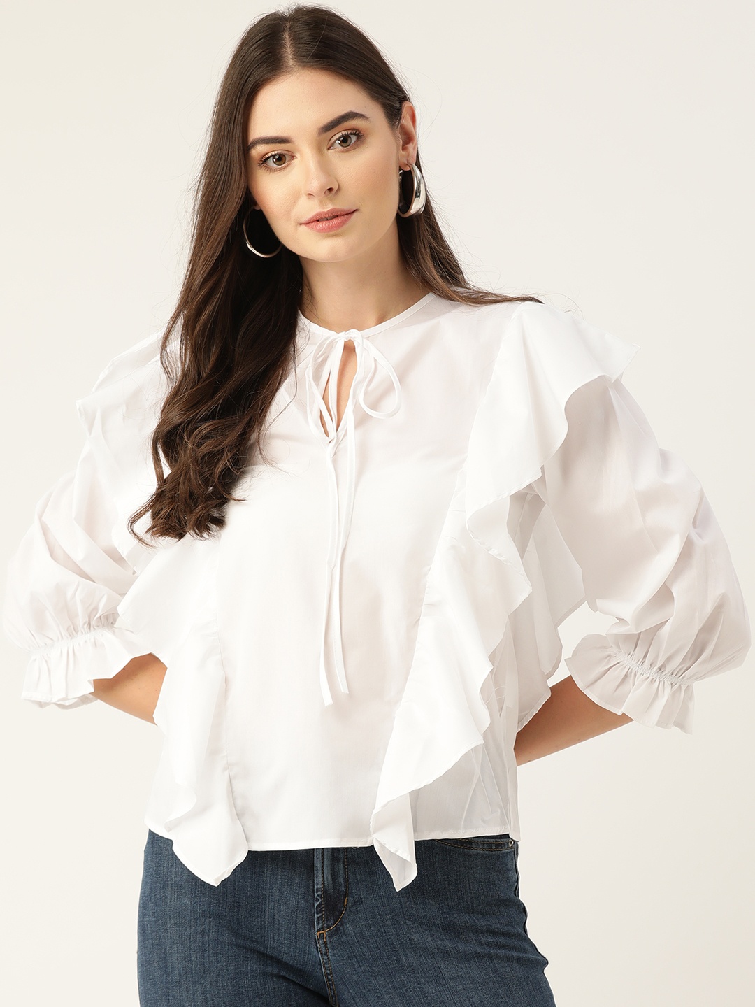 

Trendyol White Tie-Up Neck Puff Sleeves Pure Cotton Regular Top