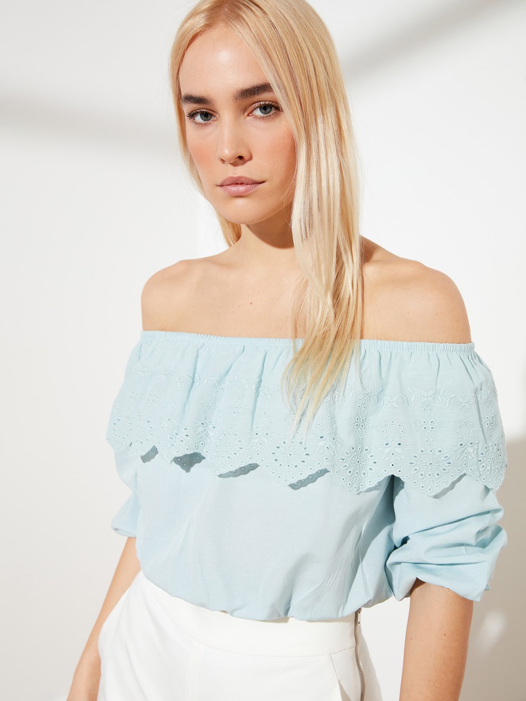 

Trendyol Blue Schiffli Embroidery Off-Shoulder Puff Sleeves Bardot Top
