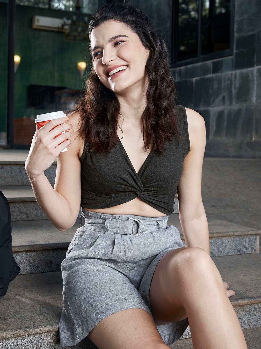 

Trendyol Charcoal Grey Solid Twisted Pure Cotton Regular Crop Top